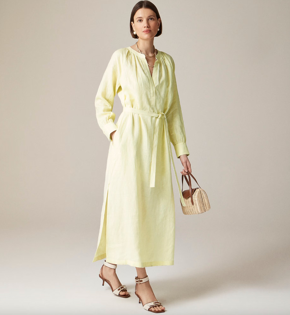J.Crew Cabana Dress Linen Midi Long Sleeve Pale Flax Yellow Belted Small NWT